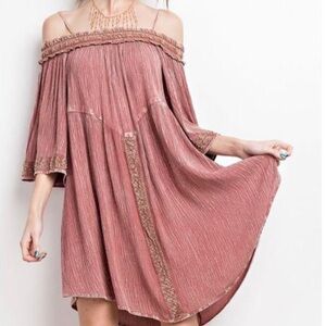 Easel Pink Off-Shoulder Sundress 3/4 Sleeve Mini